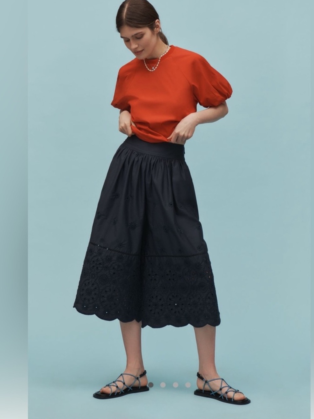 NWT MAEVE by Anthropologie Embroidered Skirty Wide-Leg Eyelet Culottes Navy S